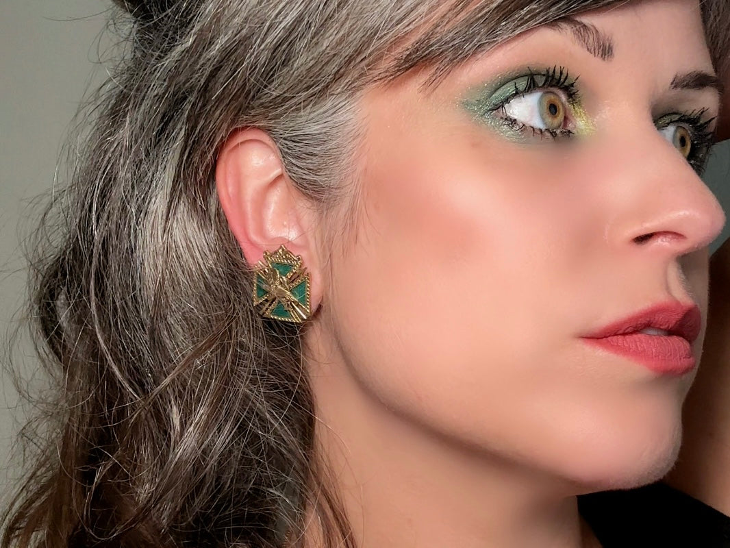 Maltese Cross Lion Shield Earrings, Incredible 1960s Vintage Heraldic Coat of Arms Crest Screw Back Earrings 