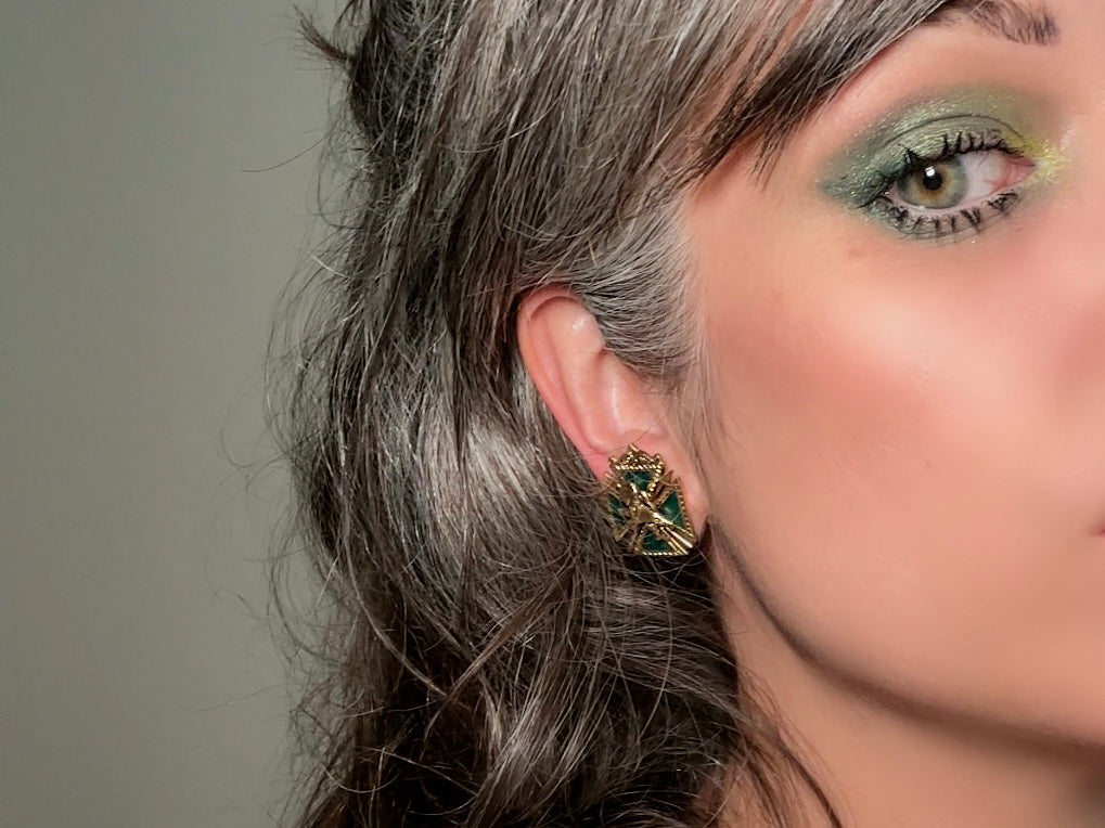 Maltese Cross Lion Shield Earrings, Incredible 1960s Vintage Heraldic Coat of Arms Crest Screw Back Earrings 