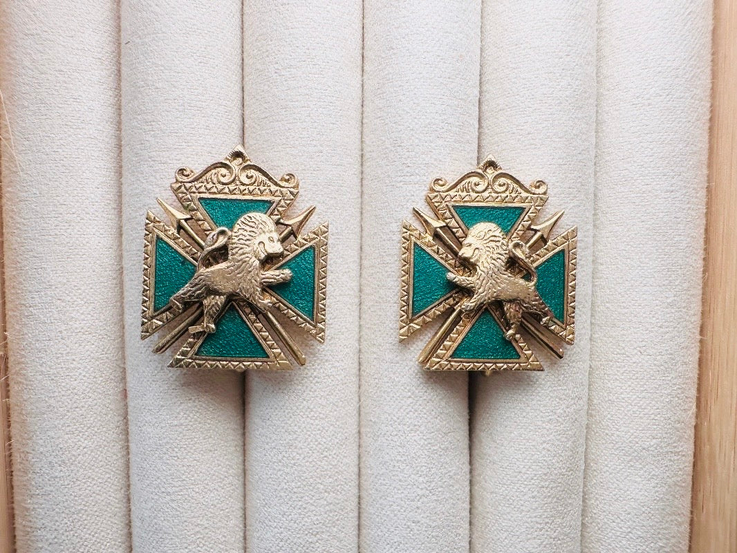 Maltese Cross Lion Shield Earrings, Incredible 1960s Vintage Heraldic Coat of Arms Crest Screw Back Earrings with Emerald Enamel