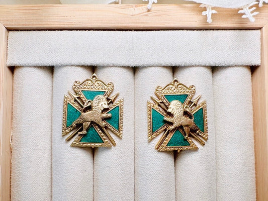 Maltese Cross Lion Shield Earrings, Incredible 1960s Vintage Heraldic Coat of Arms Crest Screw Back Earrings with Emerald Enamel