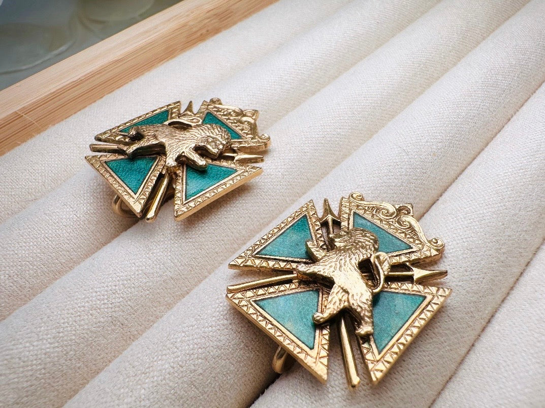Maltese Cross Lion Shield Earrings, Incredible 1960s Vintage Heraldic Coat of Arms Crest Screw Back Earrings with Emerald Enamel