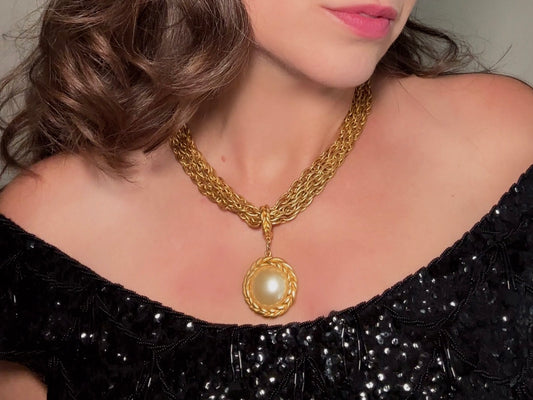 Matte Gold Chain Necklace with Pearl Pendant, Vintage Etruscan Multistrand Necklace by Premier Designs