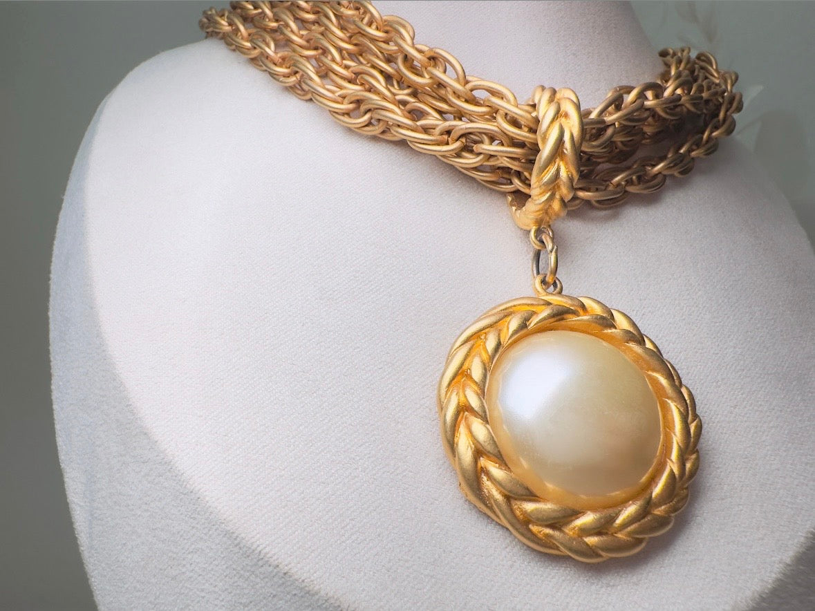 Matte Gold Chain Necklace with Pearl Pendant, Vintage Etruscan Multistrand Necklace by Premier Designs