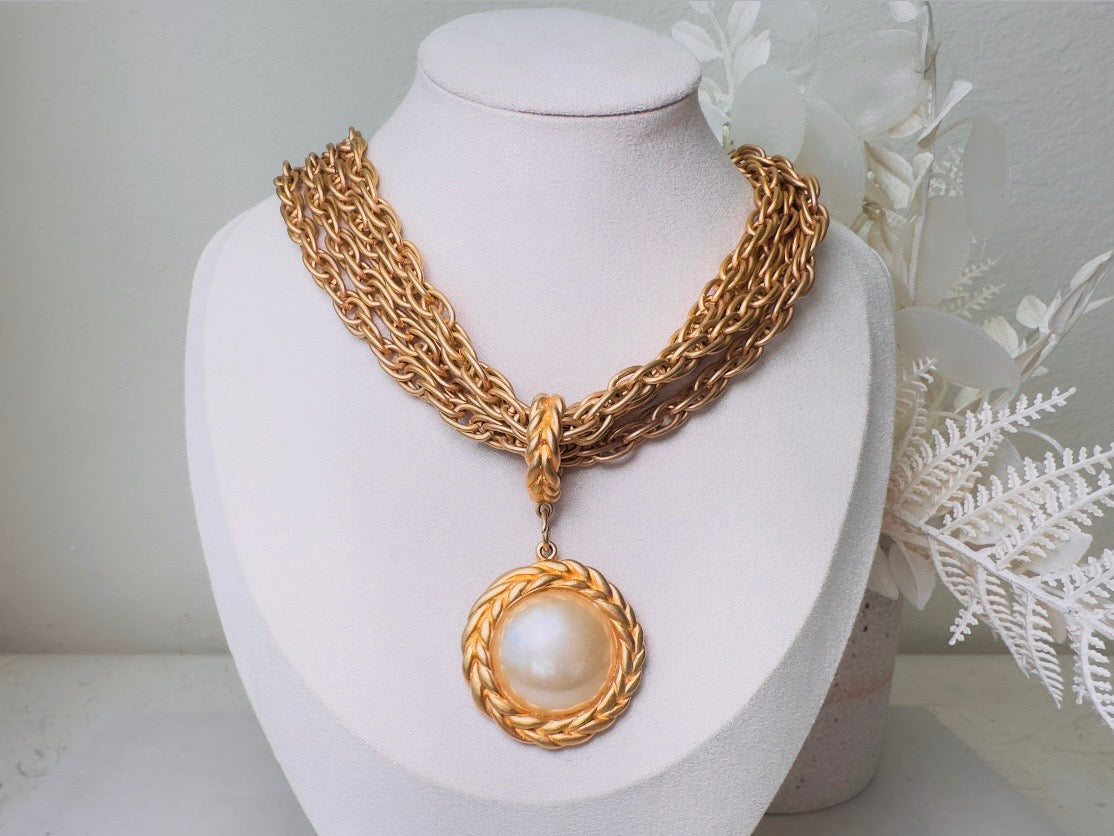 Matte Gold Chain Necklace with Pearl Pendant, Vintage Etruscan Multistrand Necklace by Premier Designs