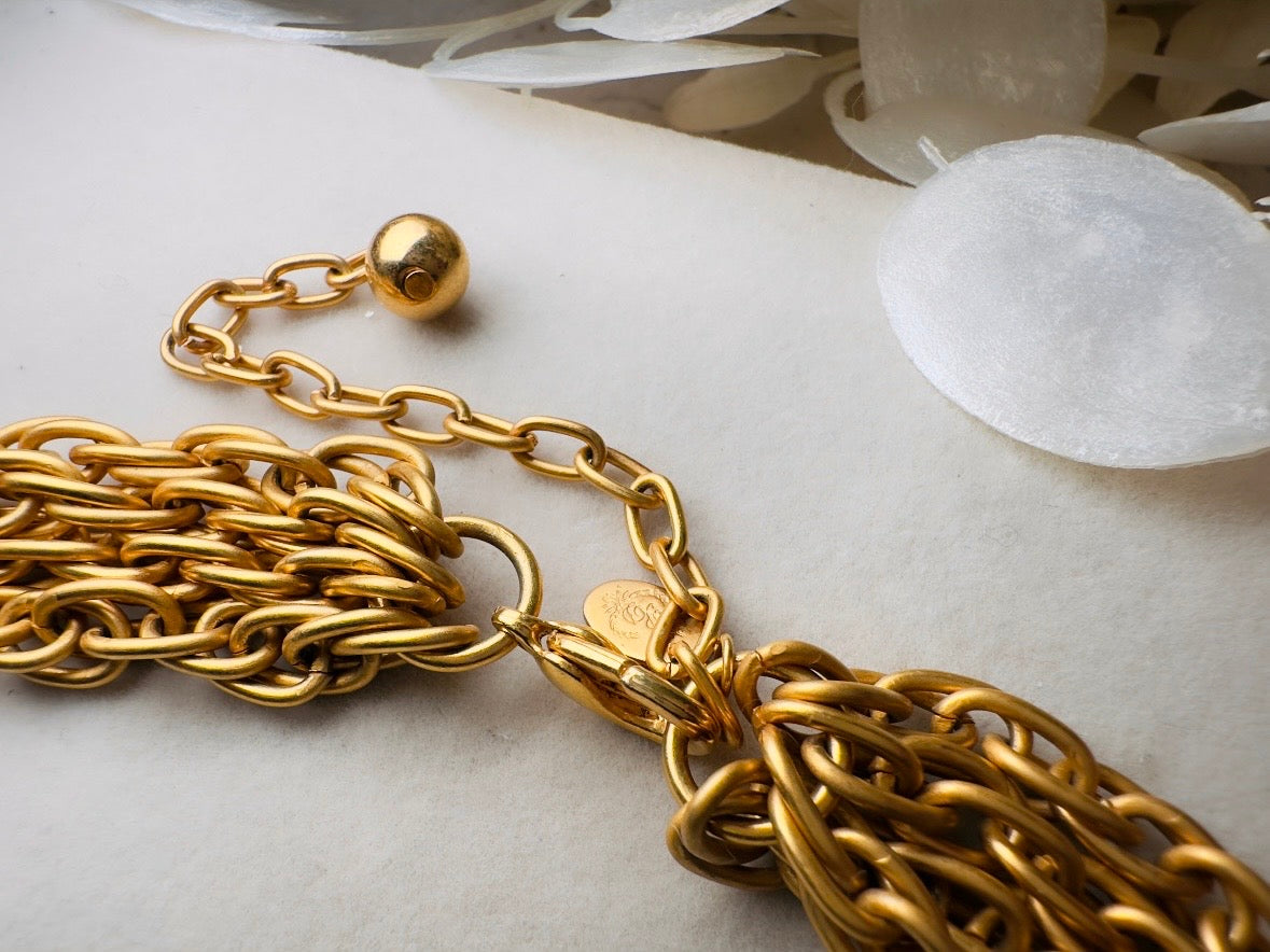 Matte Gold Chain Necklace with Pearl Pendant, Vintage Etruscan Multistrand Necklace by Premier Designs