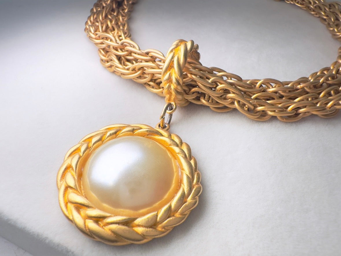 Matte Gold Chain Necklace with Pearl Pendant, Vintage Etruscan Multistrand Necklace by Premier Designs