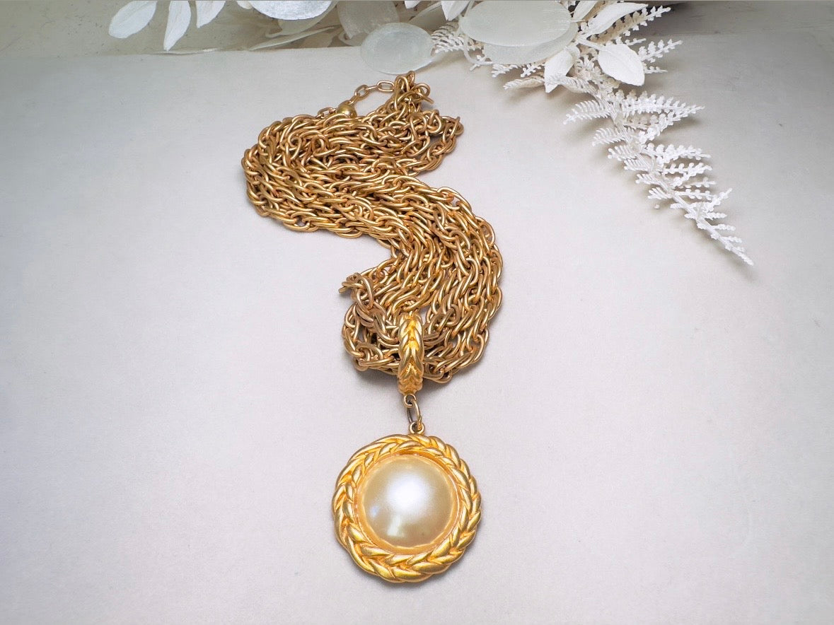 Matte Gold Chain Necklace with Pearl Pendant, Vintage Etruscan Multistrand Necklace by Premier Designs