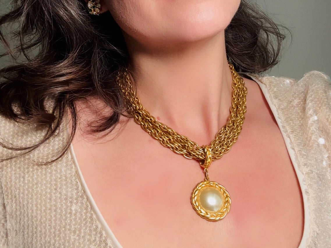 Matte Gold Chain Necklace with Pearl Pendant, Vintage Etruscan Multistrand Necklace by Premier Designs