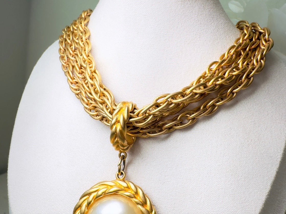 Matte Gold Chain Necklace with Pearl Pendant, Vintage Etruscan Multistrand Necklace by Premier Designs