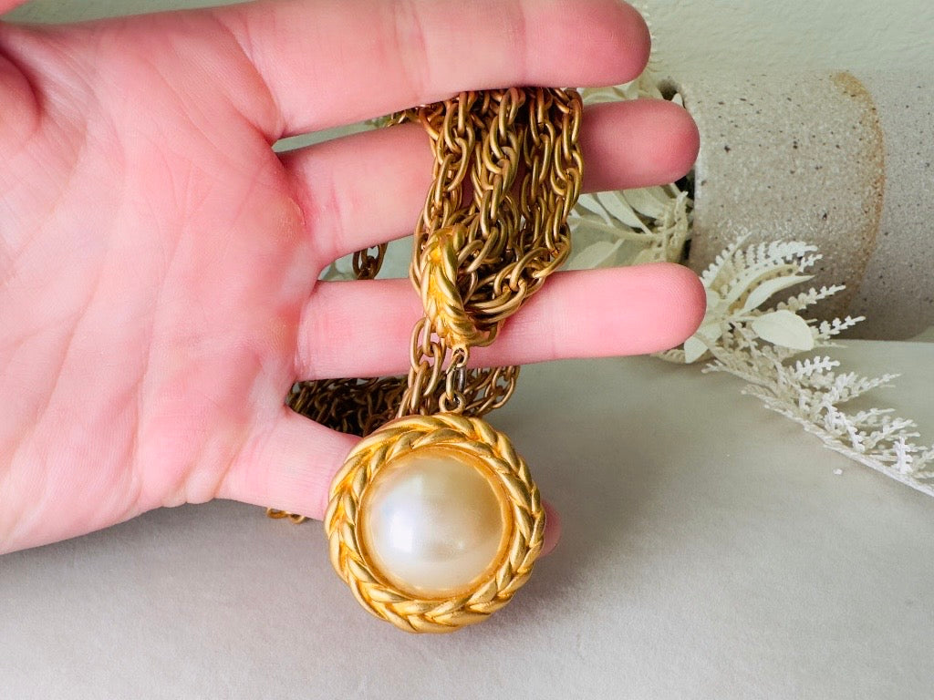 Matte Gold Chain Necklace with Pearl Pendant, Vintage Etruscan Multistrand Necklace by Premier Designs