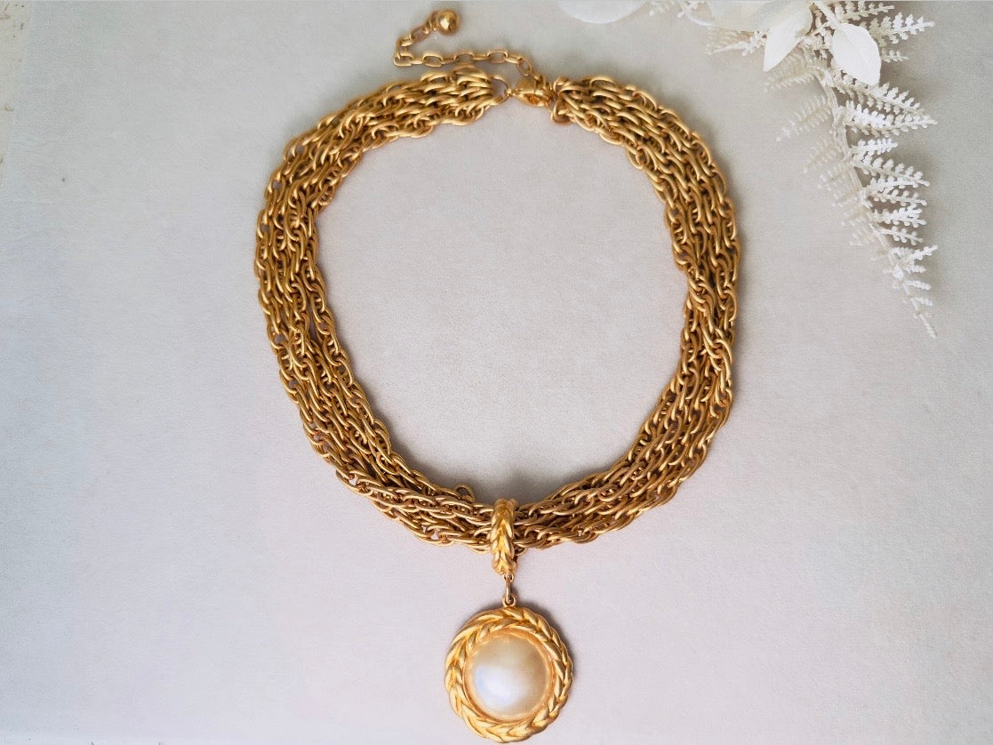 Matte Gold Chain Necklace with Pearl Pendant, Vintage Etruscan Multistrand Necklace by Premier Designs