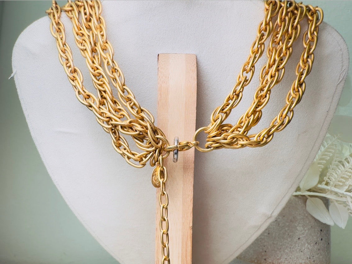 Matte Gold Chain Necklace with Pearl Pendant, Vintage Etruscan Multistrand Necklace by Premier Designs