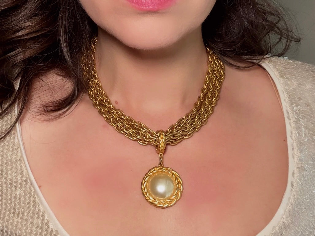 Matte Gold Chain Necklace with Pearl Pendant, Vintage Etruscan Multistrand Necklace by Premier Designs