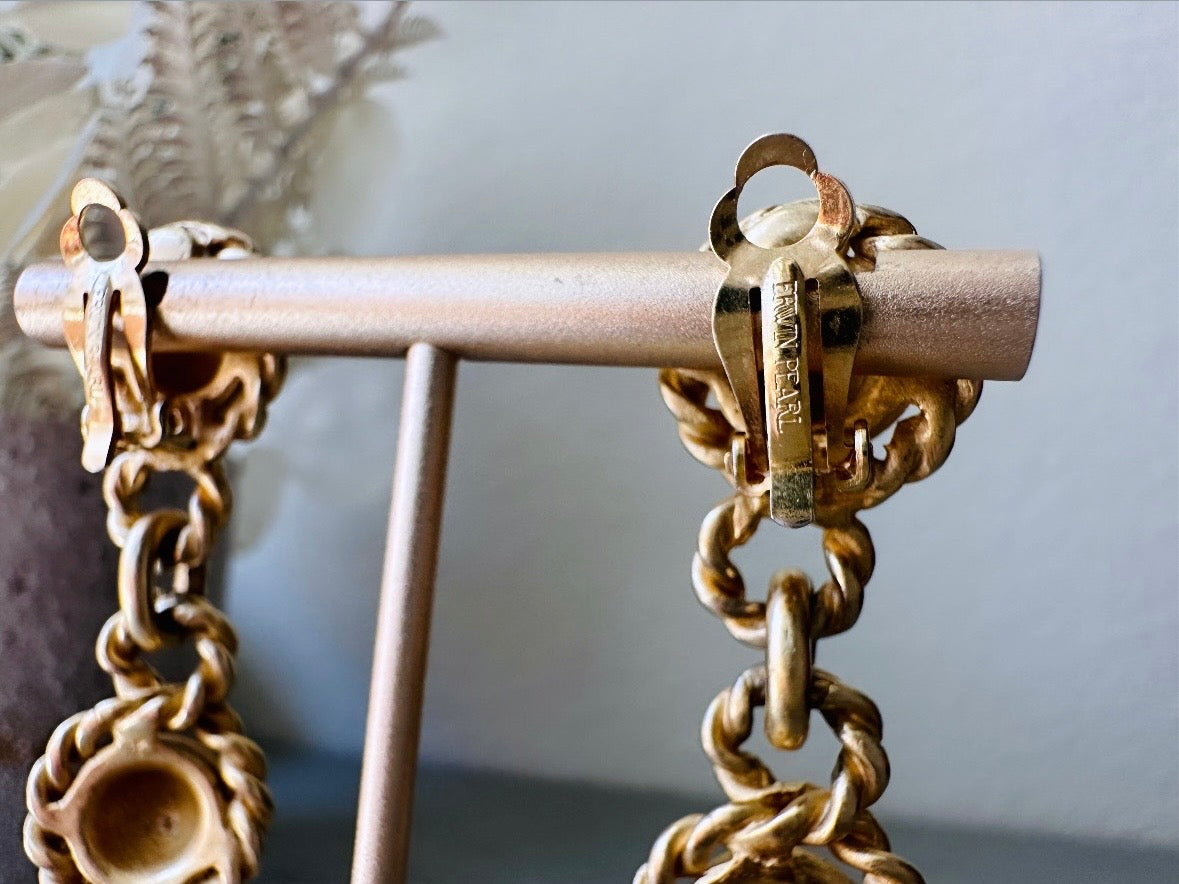 Matte Gold Drop Chain Earrings, Erwin Pearl Vintage Clip On Earrings, 1980s Dramatic Gold Earrings, Triple Link Chain Rope Border Earrings from Piggle and pop