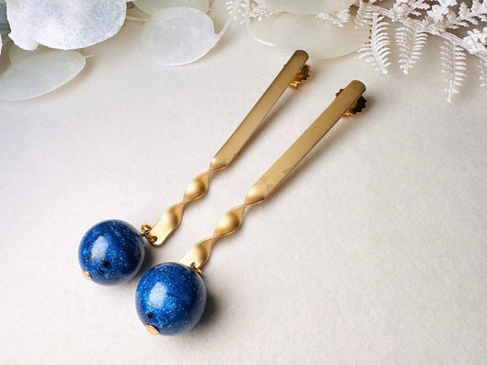Matte Gold Drop Earrings with Lapis Blue Stone, Unique Extra Long Vintage Dangle Earrings