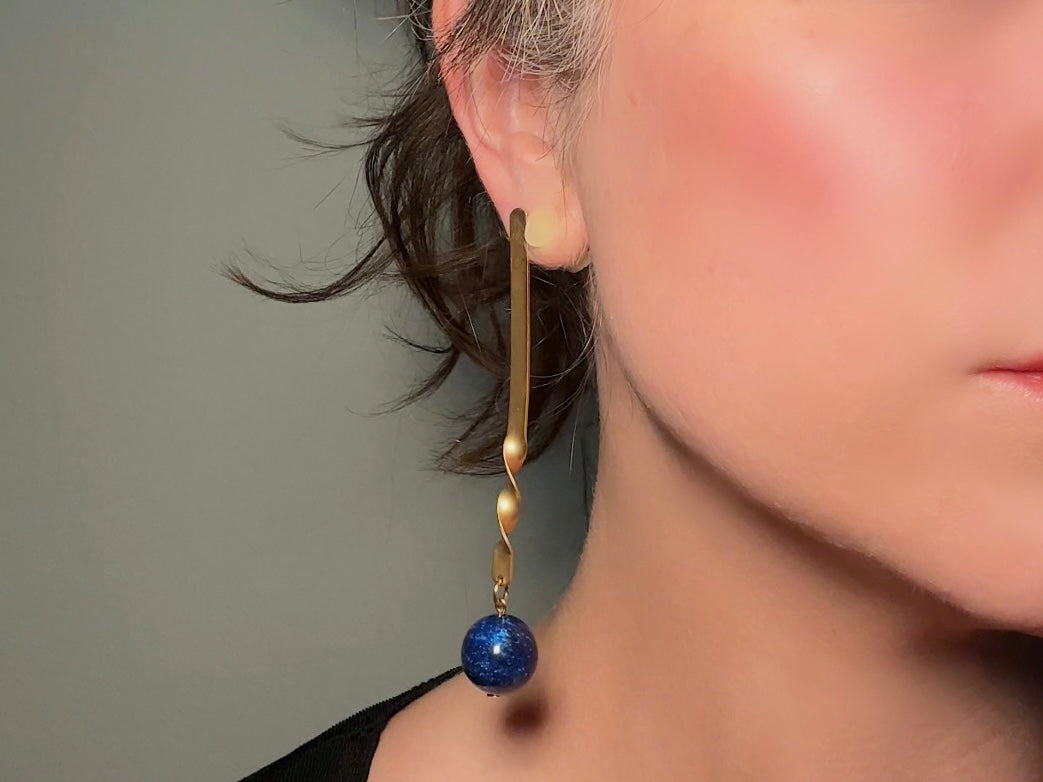 Matte Gold Drop Earrings with Lapis Blue Stone, Unique Extra Long Vintage Dangle Earrings