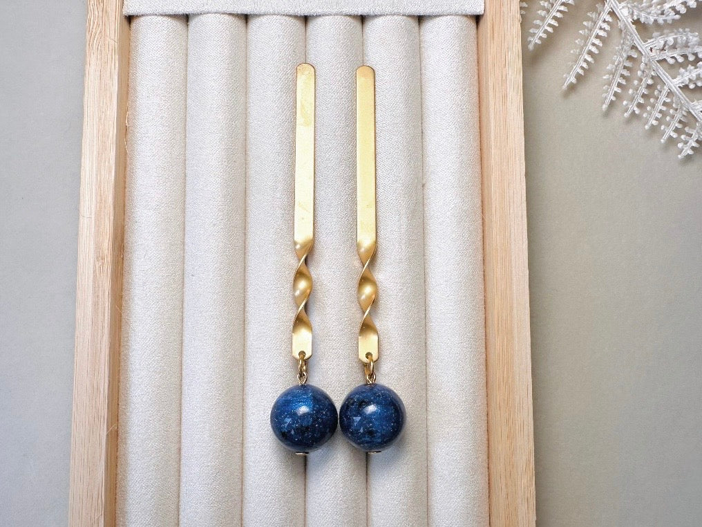 Matte Gold Drop Earrings with Lapis Blue Stone, Unique Extra Long Vintage Dangle Earrings