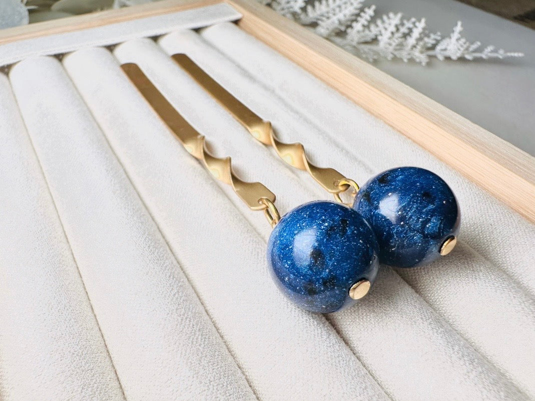 Matte Gold Drop Earrings with Lapis Blue Stone, Unique Extra Long Vintage Dangle Earrings