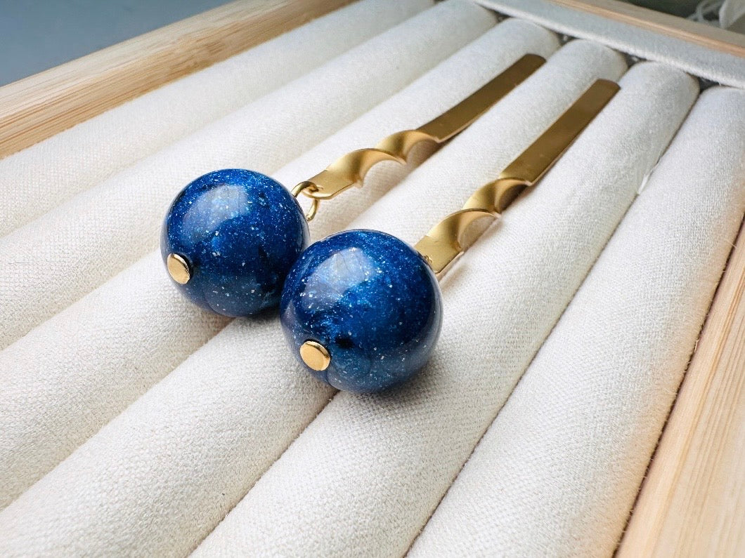 Matte Gold Drop Earrings with Lapis Blue Stone, Unique Extra Long Vintage Dangle Earrings