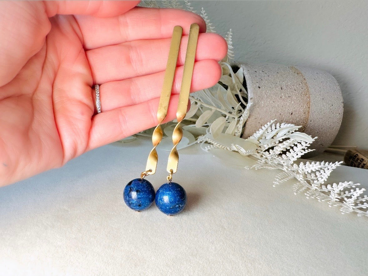 Matte Gold Drop Earrings with Lapis Blue Stone, Unique Extra Long Vintage Dangle Earrings