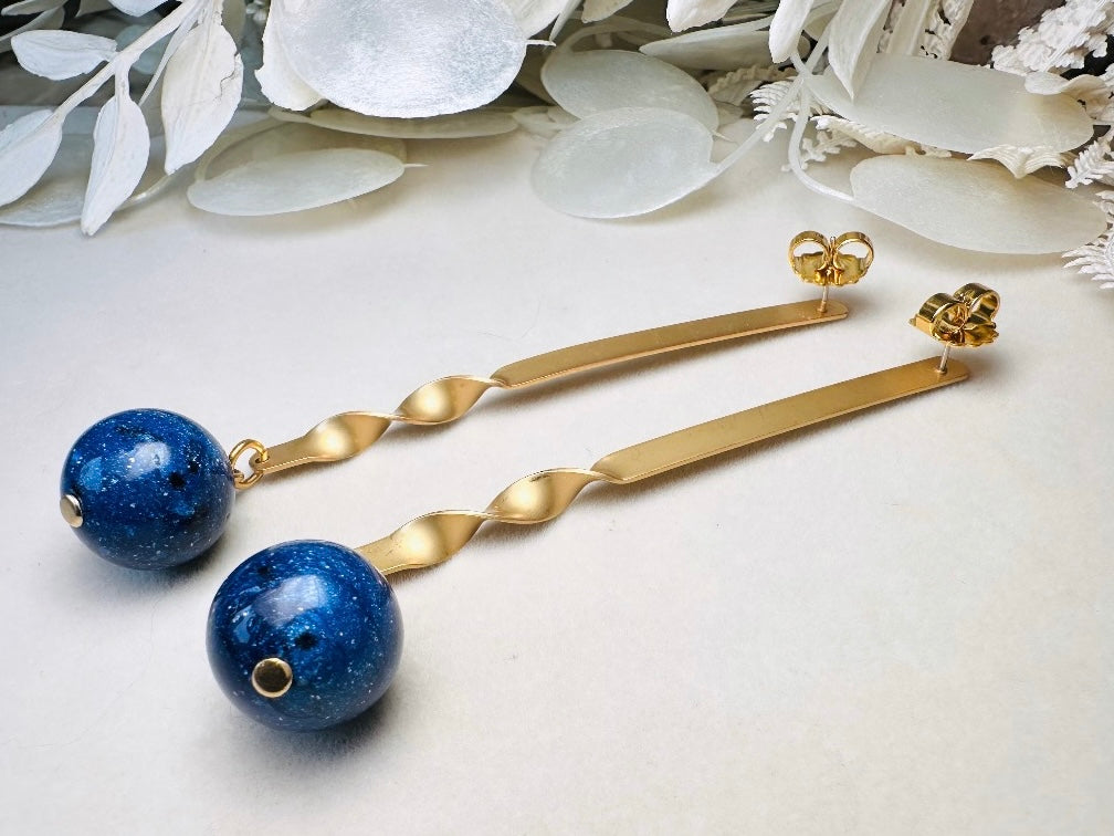 Matte Gold Drop Earrings with Lapis Blue Stone, Unique Extra Long Vintage Dangle Earrings