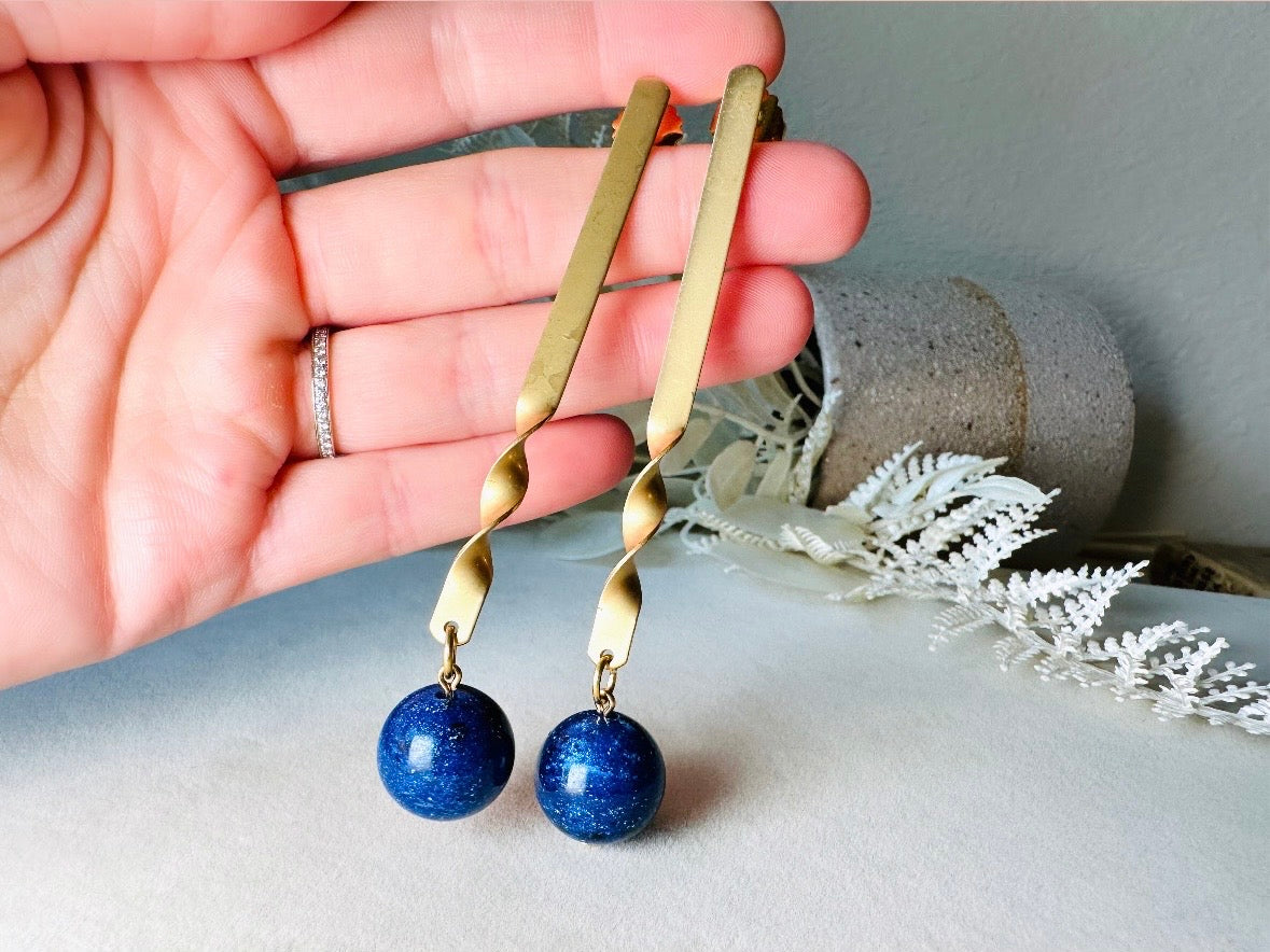 Matte Gold Drop Earrings with Lapis Blue Stone, Unique Extra Long Vintage Dangle Earrings
