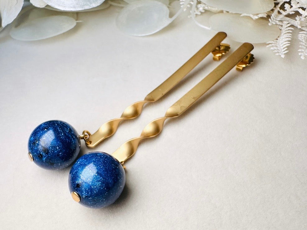 Matte Gold Drop Earrings with Lapis Blue Stone, Unique Extra Long Vintage Dangle Earrings