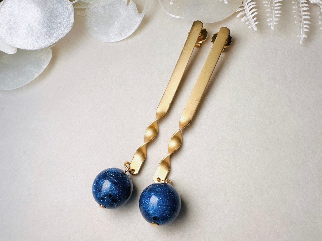 Matte Gold Drop Earrings with Lapis Blue Stone, Unique Extra Long Vintage Dangle Earrings