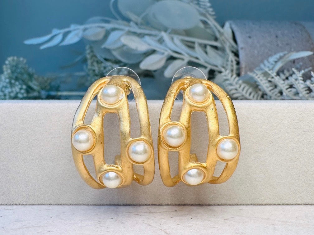 Matte Gold Etruscan Open Work Huggie Half Hoop Earrings with Pearl Cabochons, Vintage Pierced Earrings