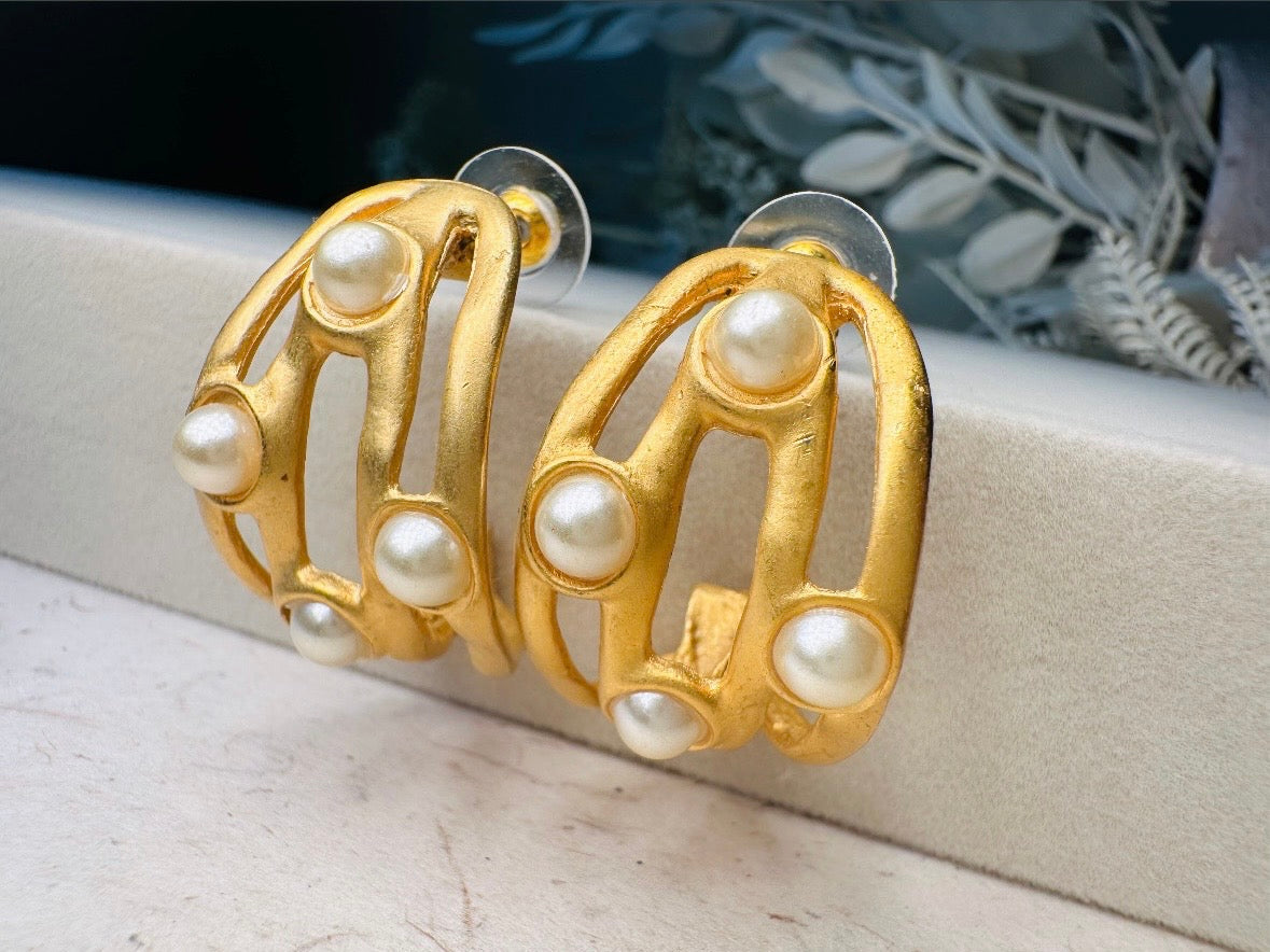 Matte Gold Etruscan Open Work Huggie Half Hoop Earrings with Pearl Cabochons, Vintage Pierced Earrings