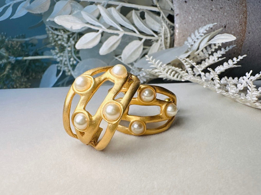 Matte Gold Etruscan Open Work Huggie Half Hoop Earrings with Pearl Cabochons, Vintage Pierced Earrings