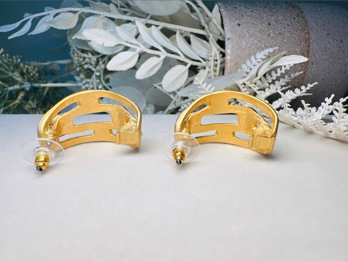 Matte Gold Etruscan Open Work Huggie Half Hoop Earrings with Pearl Cabochons, Vintage Pierced Earrings