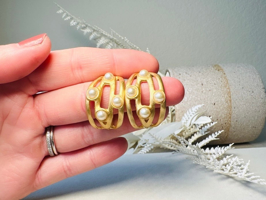 Matte Gold Etruscan Open Work Huggie Half Hoop Earrings with Pearl Cabochons, Vintage Pierced Earrings