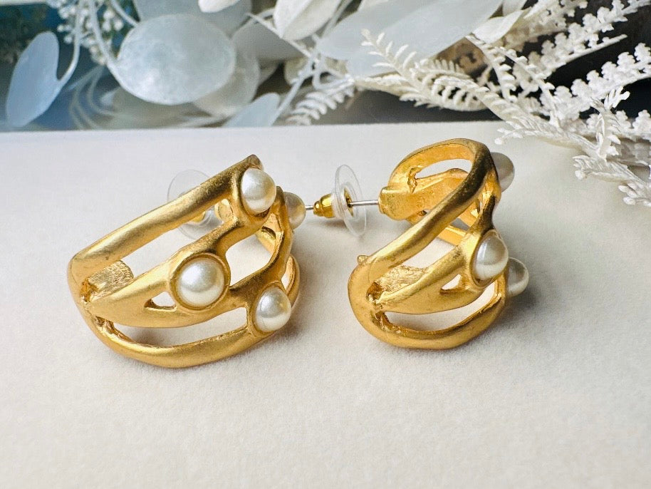 Matte Gold Etruscan Open Work Huggie Half Hoop Earrings with Pearl Cabochons, Vintage Pierced Earrings