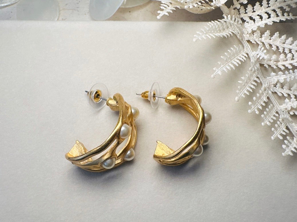 Matte Gold Etruscan Open Work Huggie Half Hoop Earrings with Pearl Cabochons, Vintage Pierced Earrings