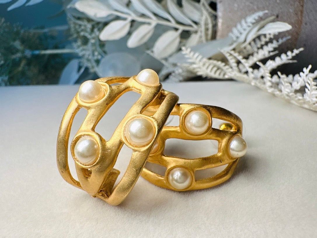 Matte Gold Etruscan Open Work Huggie Half Hoop Earrings with Pearl Cabochons, Vintage Pierced Earrings