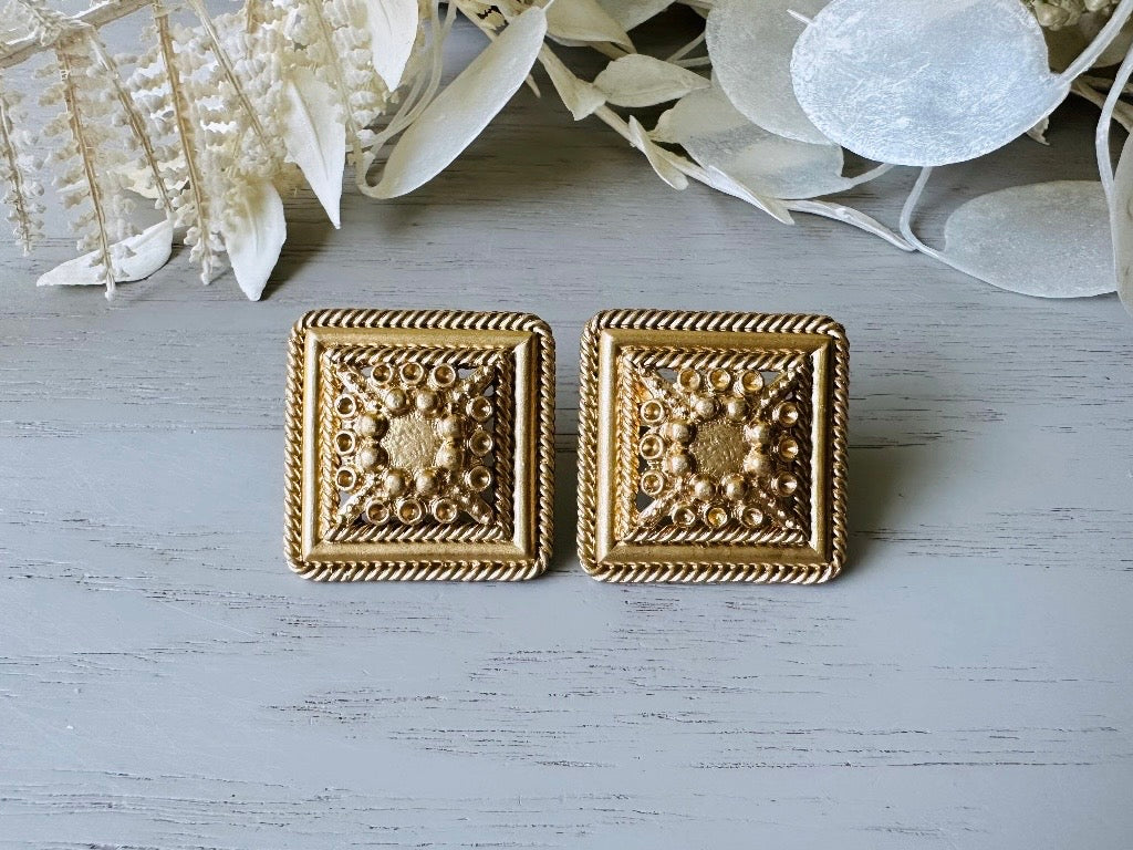 Matte Gold Filigree Square Lace Etruscan Style Earrings 
