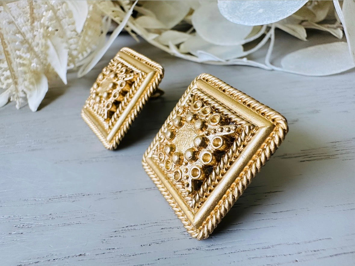 Matte Gold Filigree Square Lace Etruscan Style Earrings 3