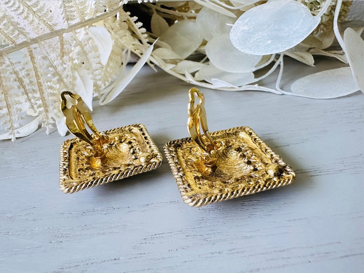 Matte Gold Filigree Square Lace Etruscan Style Earrings  backs