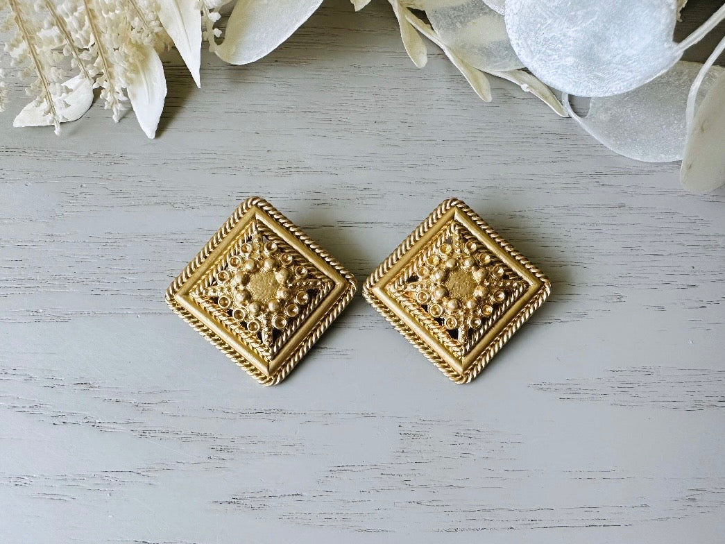 Matte Gold Filigree Square Lace Etruscan Style Earrings  from Piggle and Pop top view