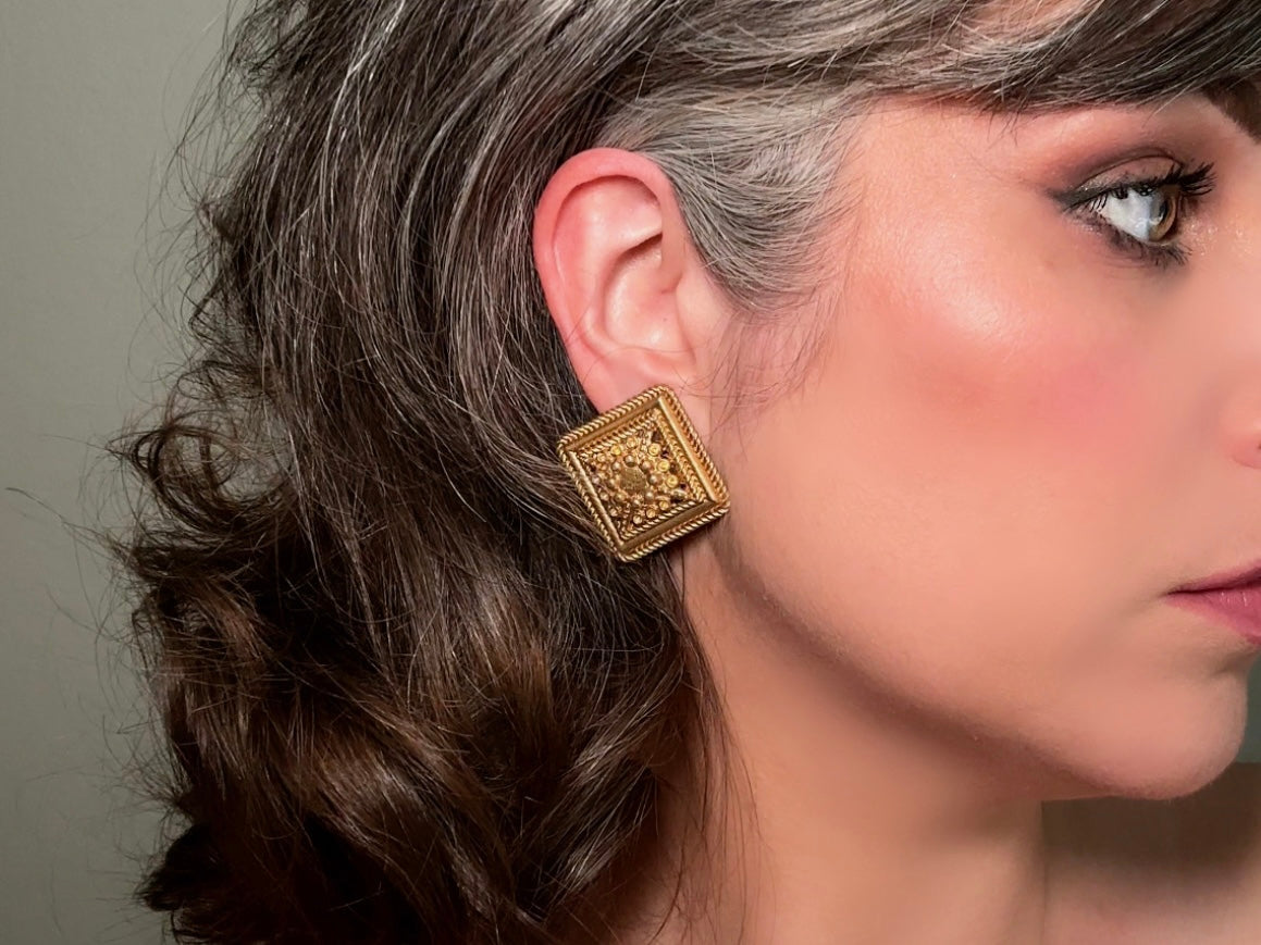 Matte Gold Filigree Square Lace Etruscan Style Earrings  from Piggle and Pop  modelled
