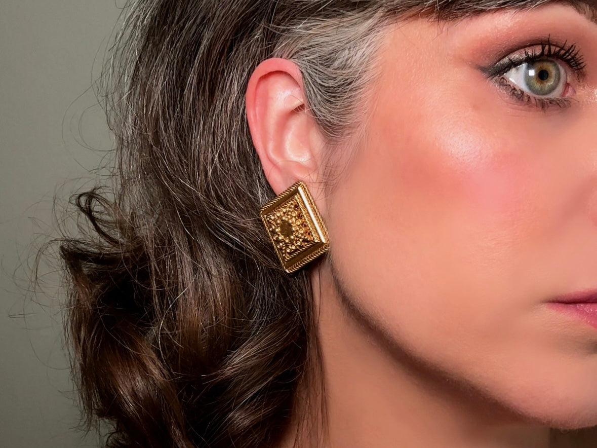Matte Gold Filigree Square Lace Etruscan Style Earrings  from Piggle and Pop  on Bethan Jayne