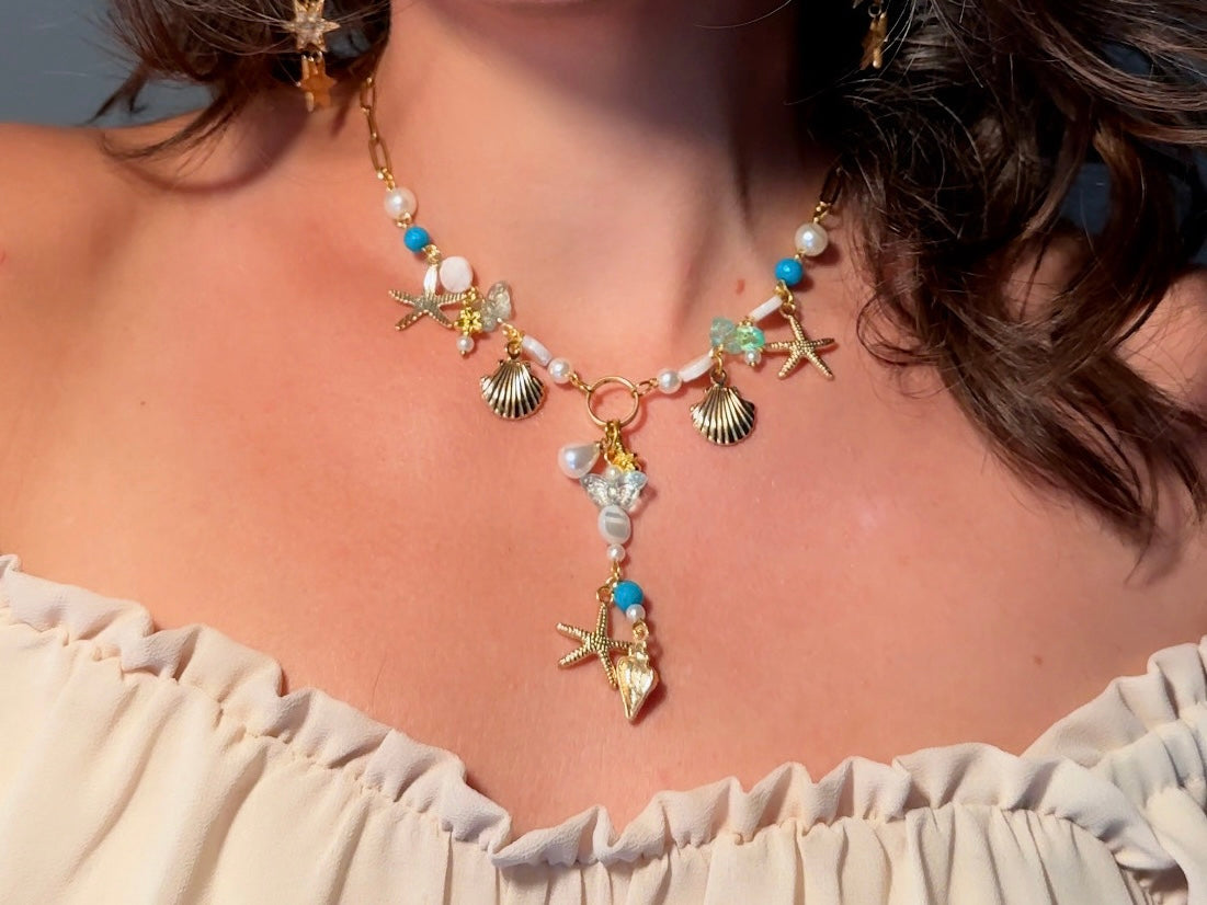 Mermaid Charm Necklace, Whimsical Handmade Necklace with Starfish, Seashells, Pearls and Shell