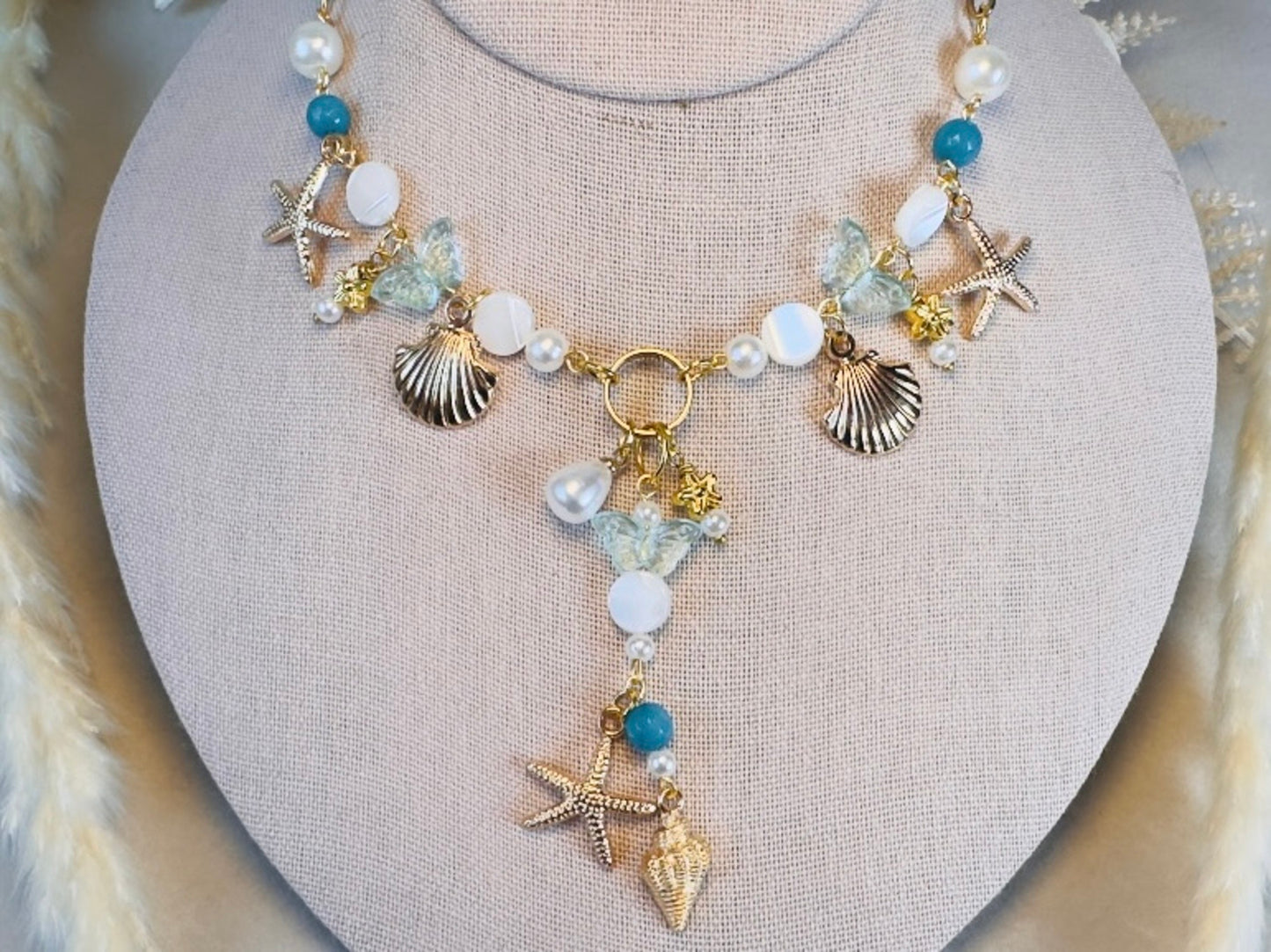 Mermaid Charm Necklace, Whimsical Handmade Necklace with Starfish, Seashells, Pearls and Shell