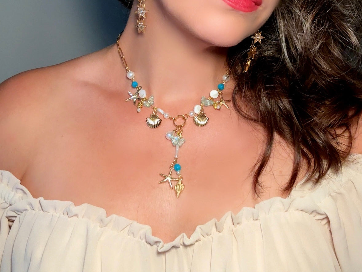 Mermaid Charm Necklace, Whimsical Handmade Necklace with Starfish, Seashells, Pearls and Shell