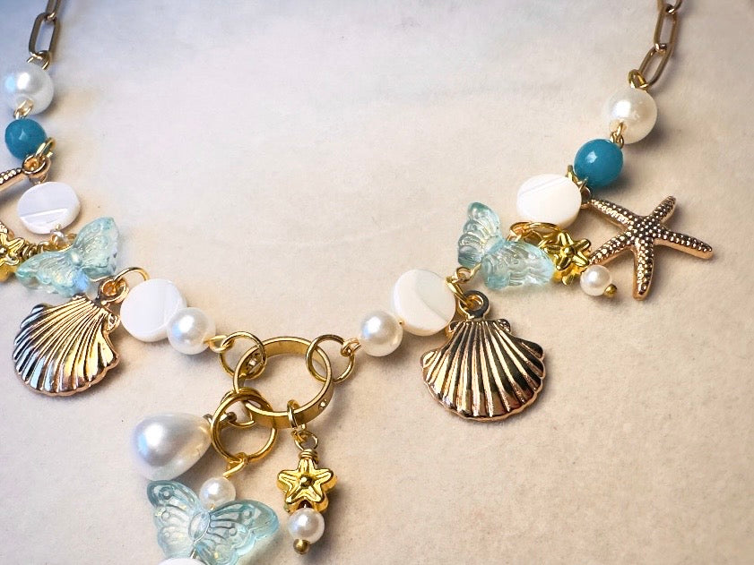 Mermaid Charm Necklace, Whimsical Handmade Necklace with Starfish, Seashells, Pearls and Shell