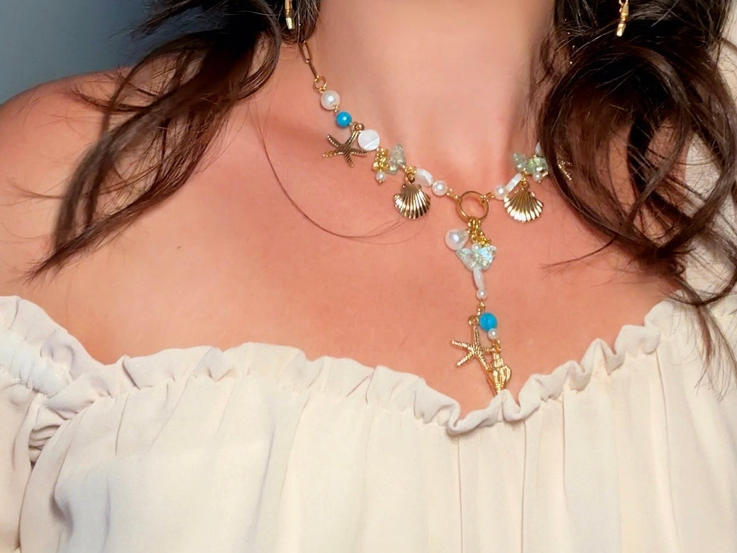 Mermaid Charm Necklace, Whimsical Handmade Necklace with Starfish, Seashells, Pearls and Shell