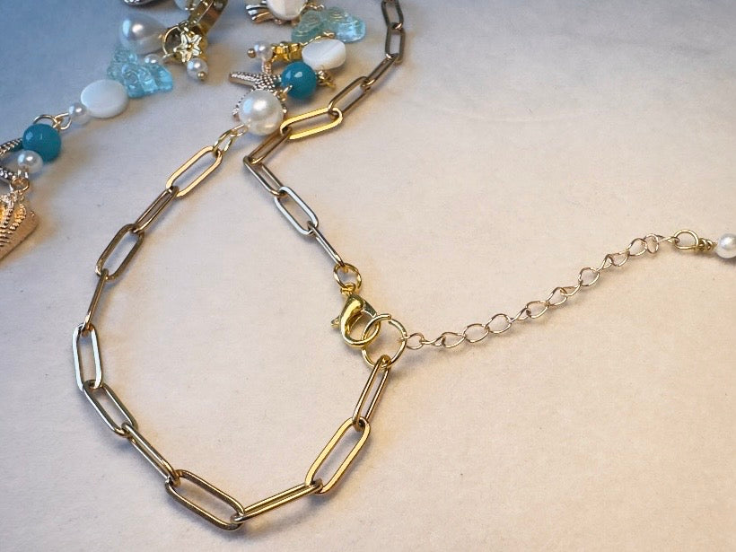 Mermaid Charm Necklace, Whimsical Handmade Necklace with Starfish, Seashells, Pearls and Shell
