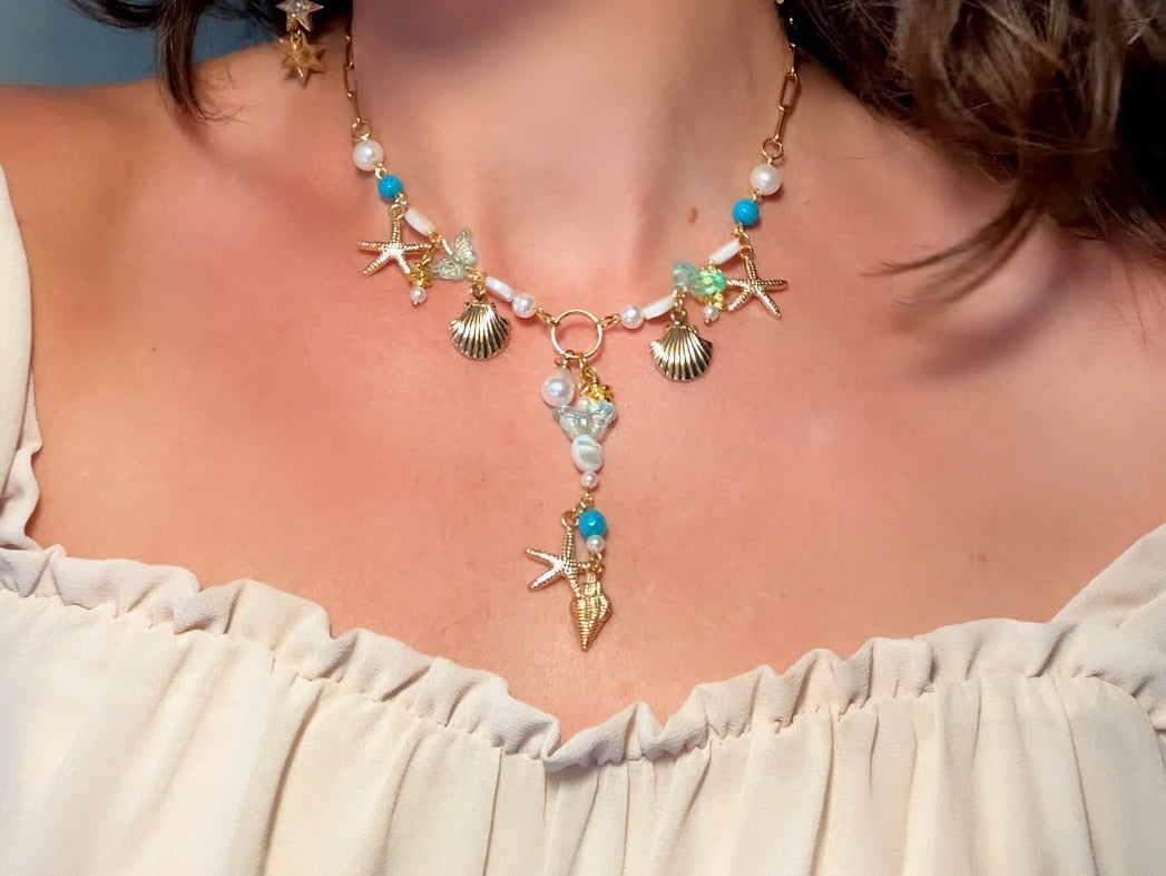 Mermaid Charm Necklace, Whimsical Handmade Necklace with Starfish, Seashells, Pearls and Shell
