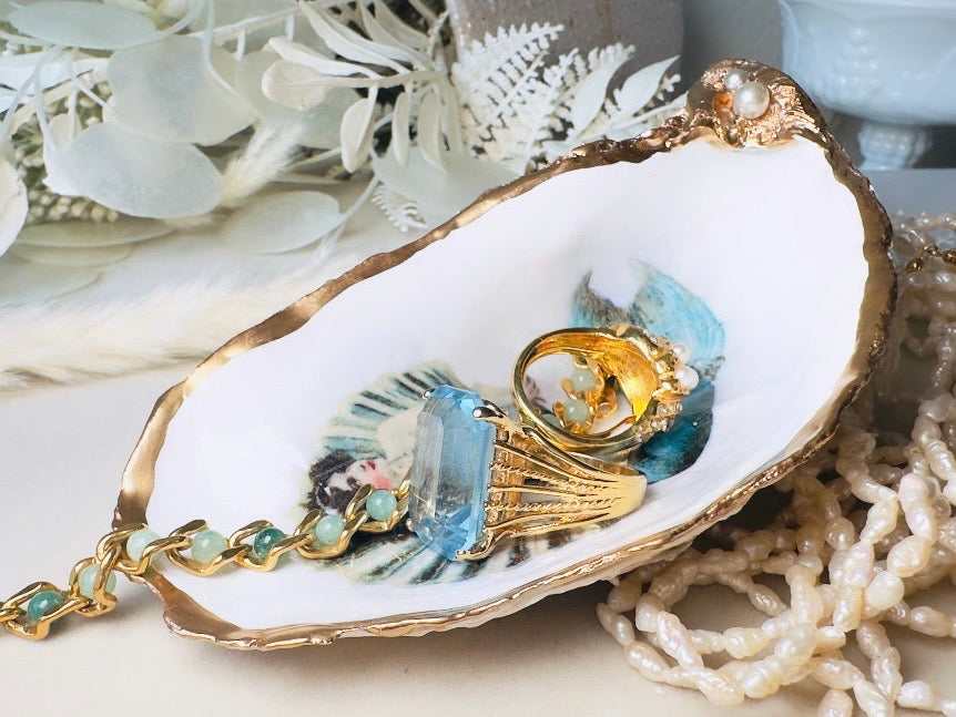 Mermaid Oyster Shell Dish, Handmade Coastal Trinket Jewelry Holder with Pearls and Vintage Mermaid
